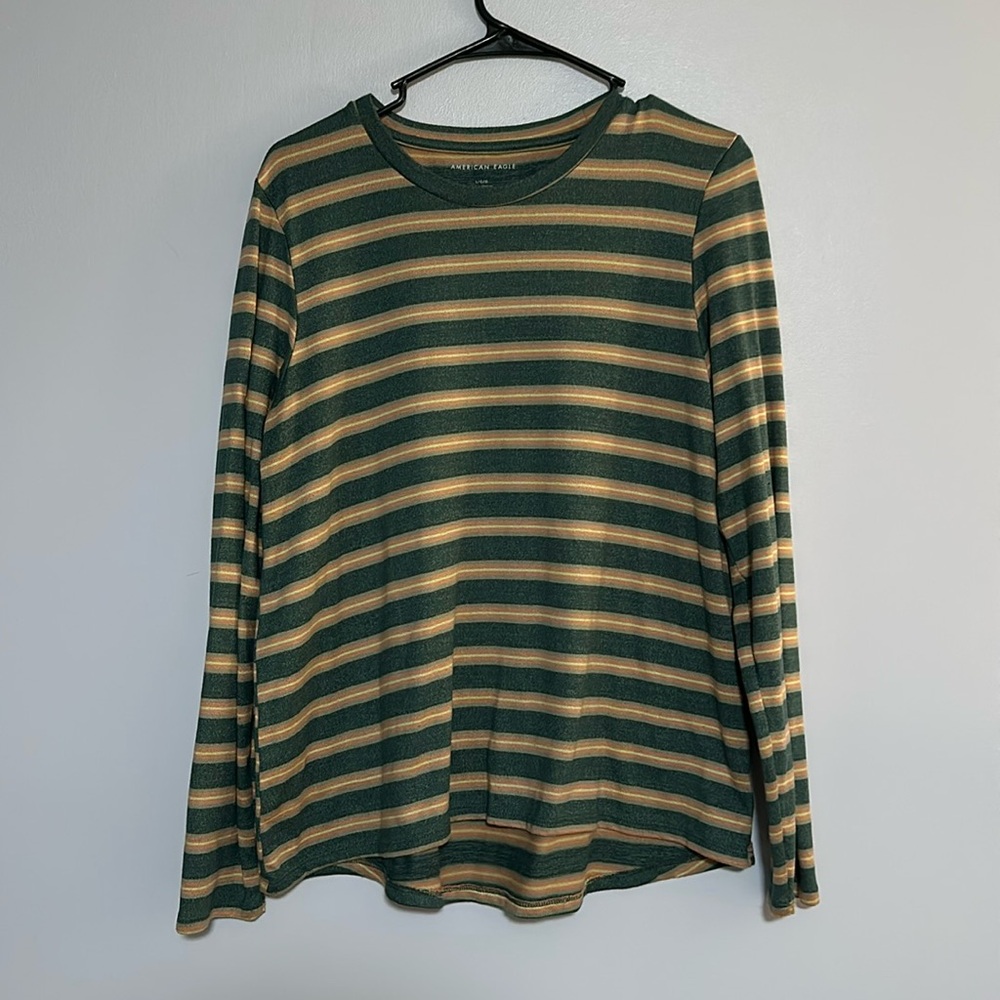 American Eagle Outfitters Green and Tan Striped Long Sleeve Tee
